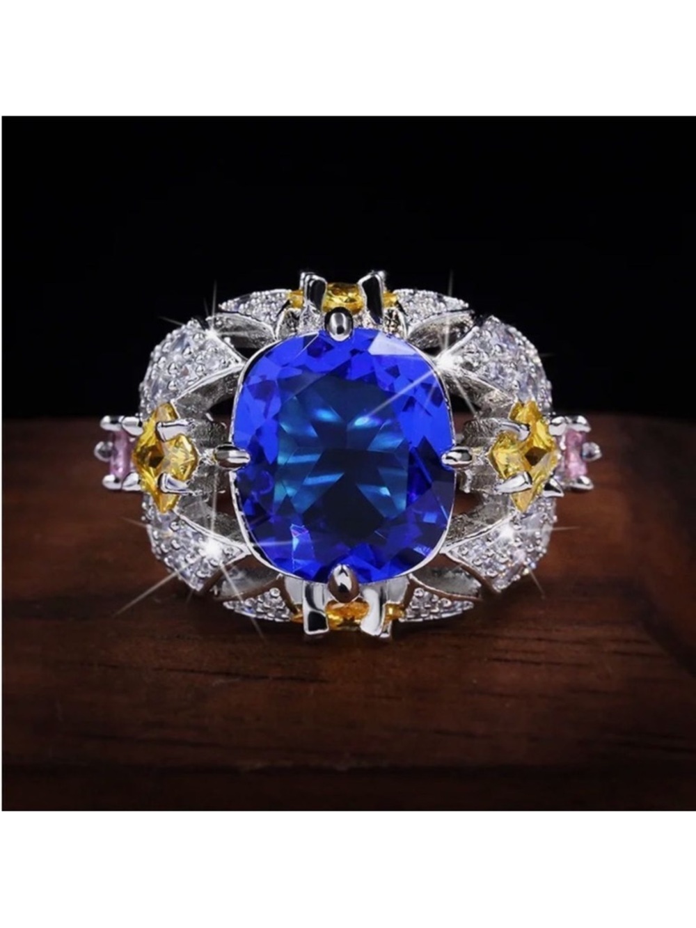 925 Sterling Silver Blue Topaz Pink Yellow and White Zirconia Embellished Ring🆕